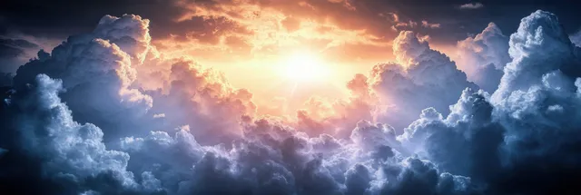 Radiant light breaks through dramatic clouds as a glowing heavenly scene suggests Jesus Christ’s ascension.