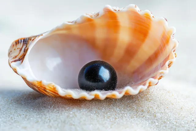 Black pearl nestled in open seashell on soft white beach sand with shallow sparkle