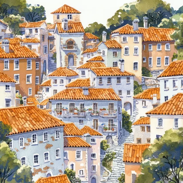 Watercolor illustration shows colorful village houses with orange tile roofs and arched windows surrounded by green trees.