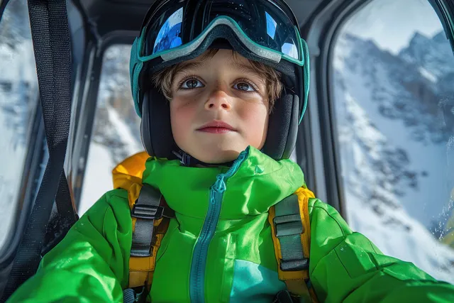 A young skier in a bright green helmet and jacket sits inside a gondola with snowy mountains visible through the window.