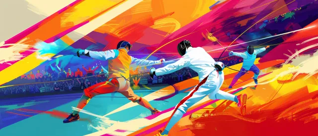 South Korean men’s foil fencers clash in a modern arena, sparks of motion
