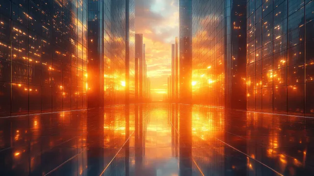 Empty expressway in a futuristic downtown at sunrise, with skyscrapers and glowing reflections on wet road.
