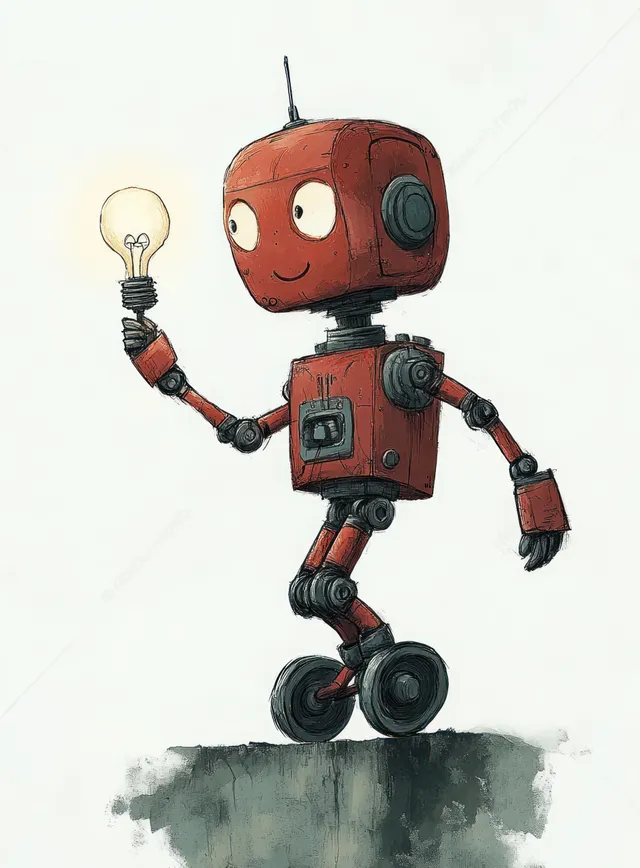 Whimsical red robot balancing on unicycle, holding a lightbulb, playful curiosity