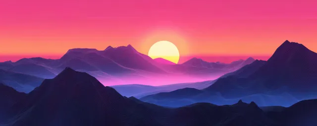 Layered mountain silhouettes under a glowing sun with pink-orange-purple gradient twilight sky