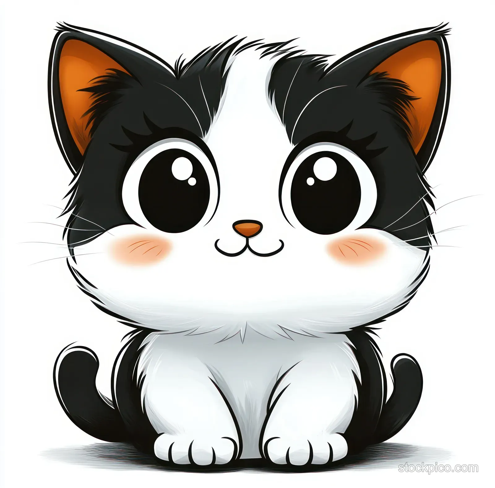 A black and white cartoon kitten sits upright, smiling with large sparkling eyes and rosy cheeks on a clean background.