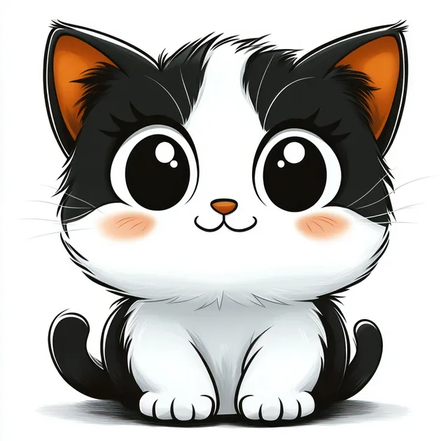 A black and white cartoon kitten sits upright, smiling with large sparkling eyes and rosy cheeks on a clean background.