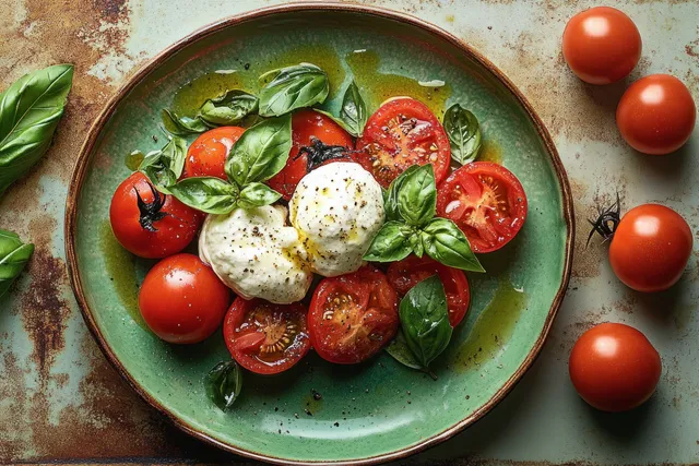 Cherry tomatoes and mozzarella balls topped with basil leaves and olive oil on a rustic ceramic plate.