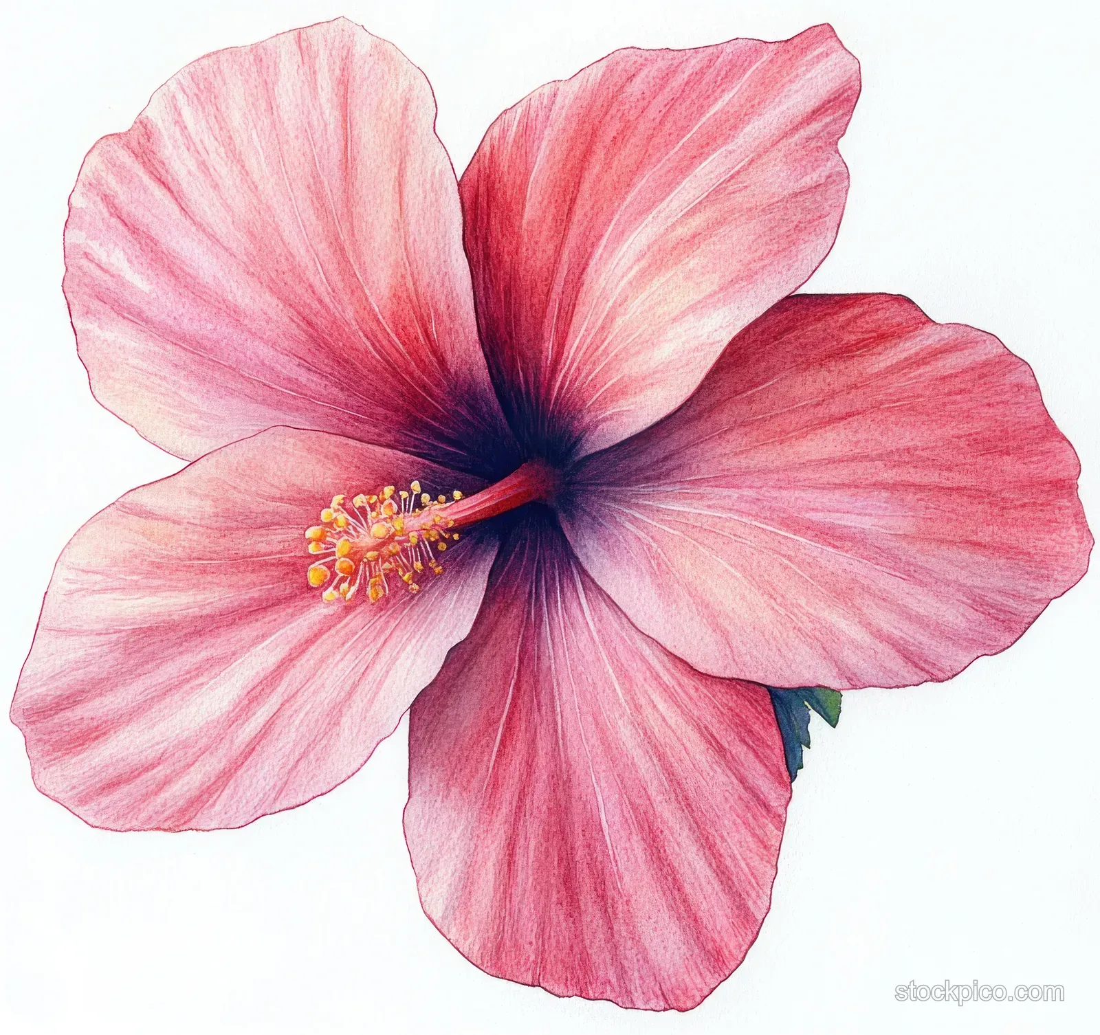 Close-up of a single pink hibiscus flower with visible petal veins and yellow-tipped stamens at the center.