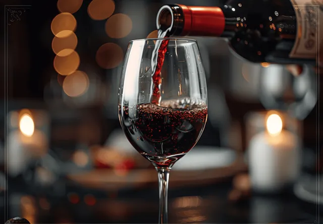 A stemmed glass receives red wine as it pours from a dark bottle with warm restaurant lights blurred in the background.