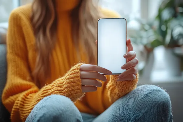 Woman holds a smartphone with a blank screen while sitting on a sofa in warm natural indoor light.