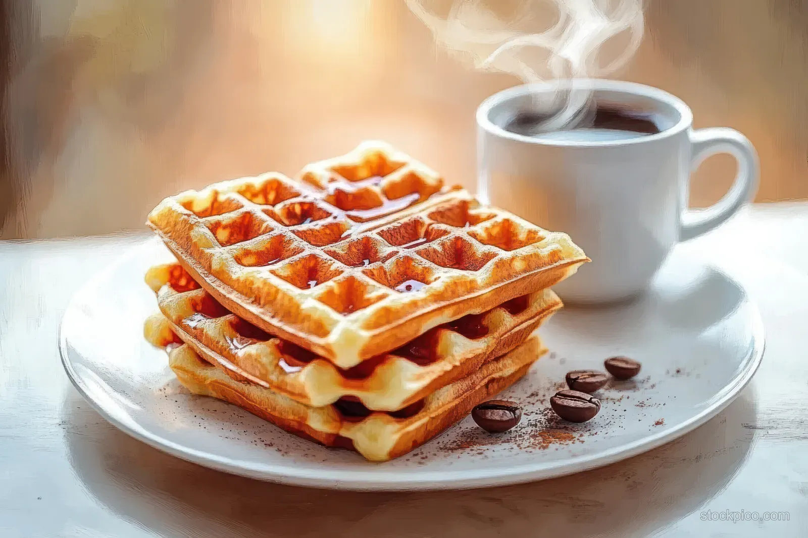 Golden waffles with syrup on a white plate beside a steaming coffee cup and coffee beans.