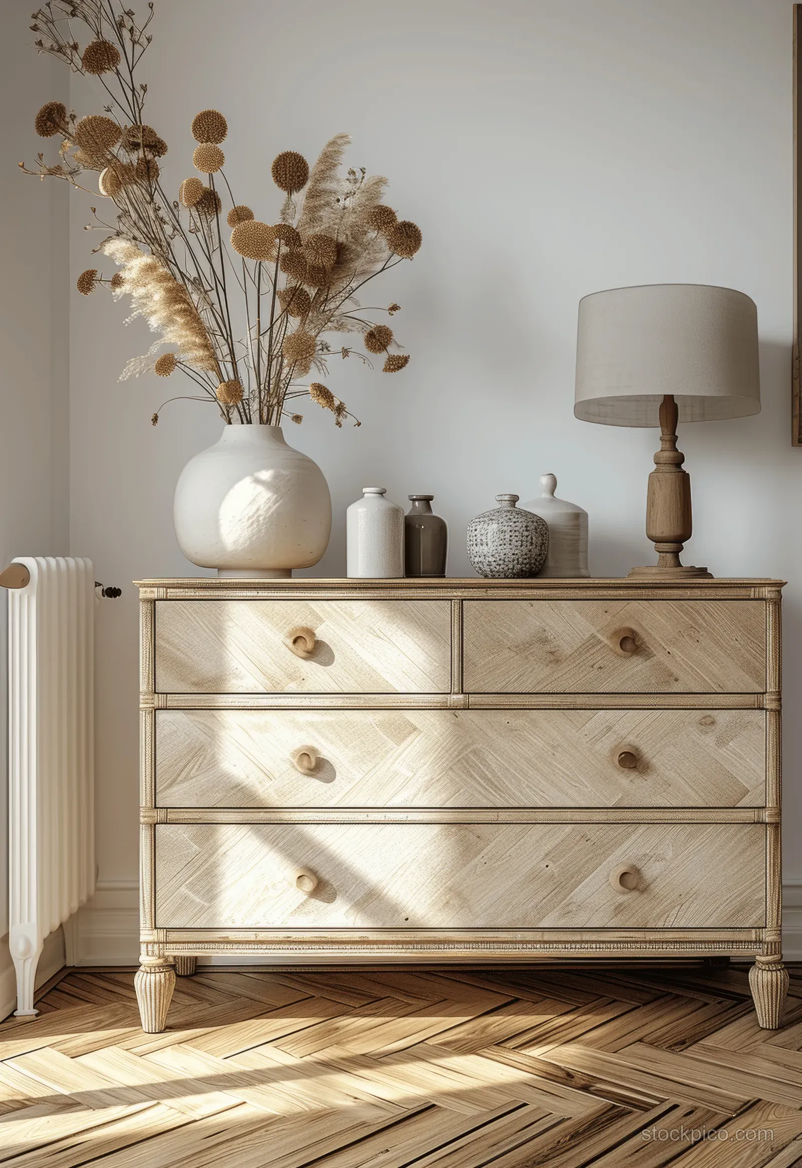 Scandinavian interior shows a minimalist wooden chest with brass pulls, decor vases on top, and chevron parquet floor.