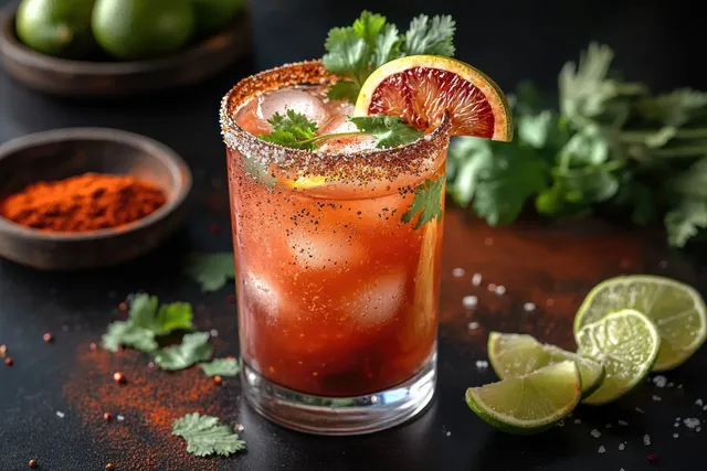 Spicy citrus cocktail with chili-salt rim, ice, and lime-cilantro garnish on dark rustic table