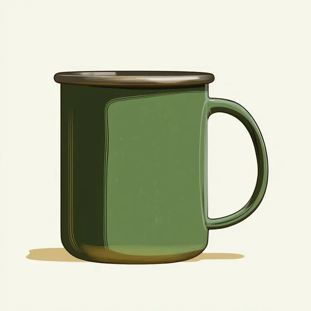 Green ceramic mug with rounded handle centered on a light beige background, casting a soft shadow.