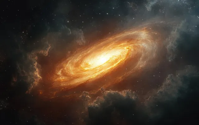 A spiral galaxy in deep space shows a central black hole absorbing light amid smoky nebula clouds.