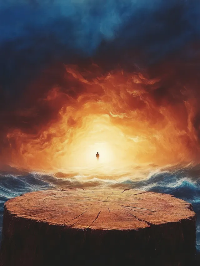 A lone silhouette stands near a large tree stump as glowing warm light breaks through storm clouds over turbulent waves.