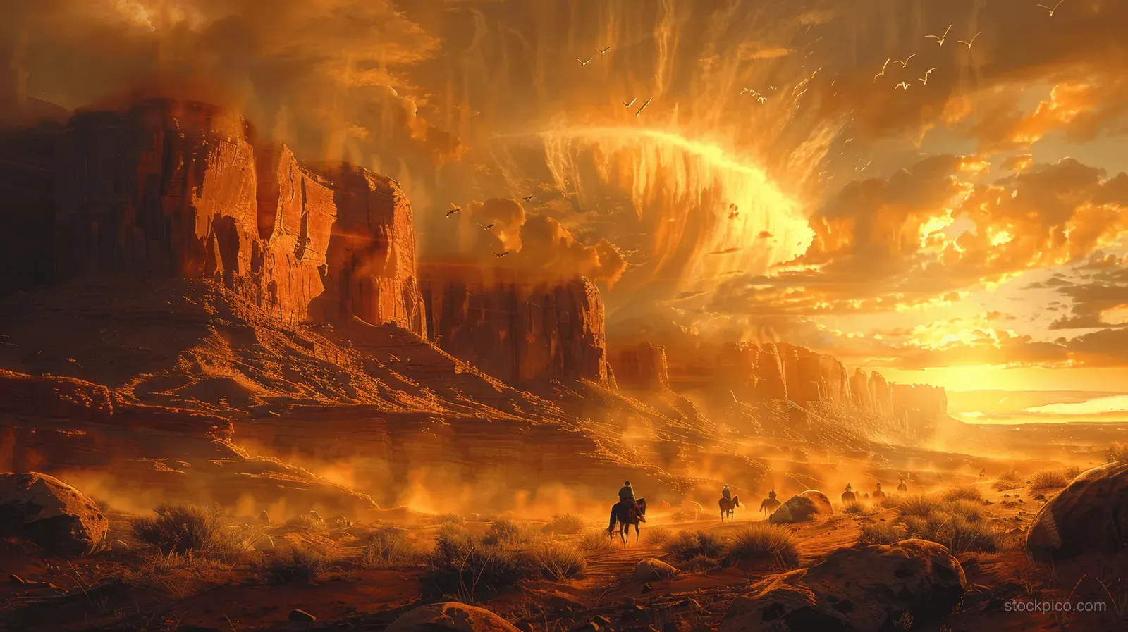A cowboy rides a horse through a canyon at sunset, with glowing cliffs and dust in the air.
