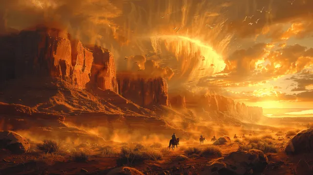 A cowboy rides a horse through a canyon at sunset, with glowing cliffs and dust in the air.