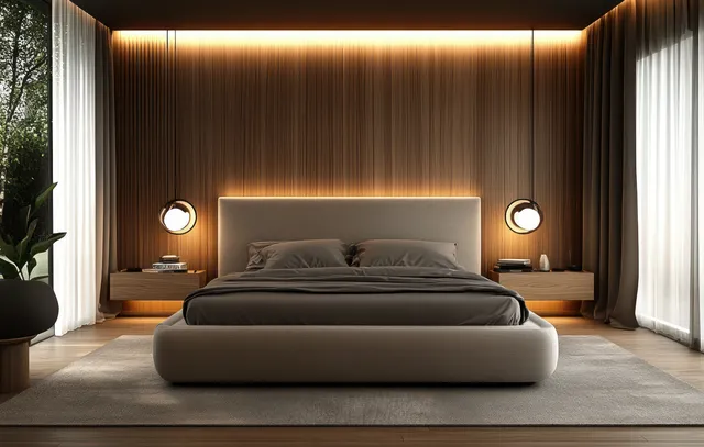 Minimalist bedroom with a lit headboard, neutral bedding, and curtains letting warm light into the room.