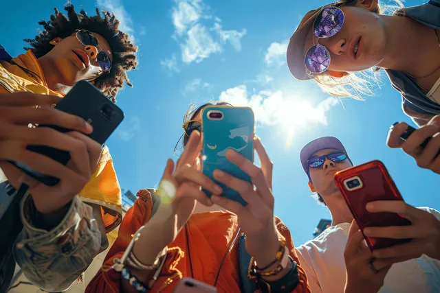 Diverse teens hold smartphones and look up outdoors under a bright blue sky.
