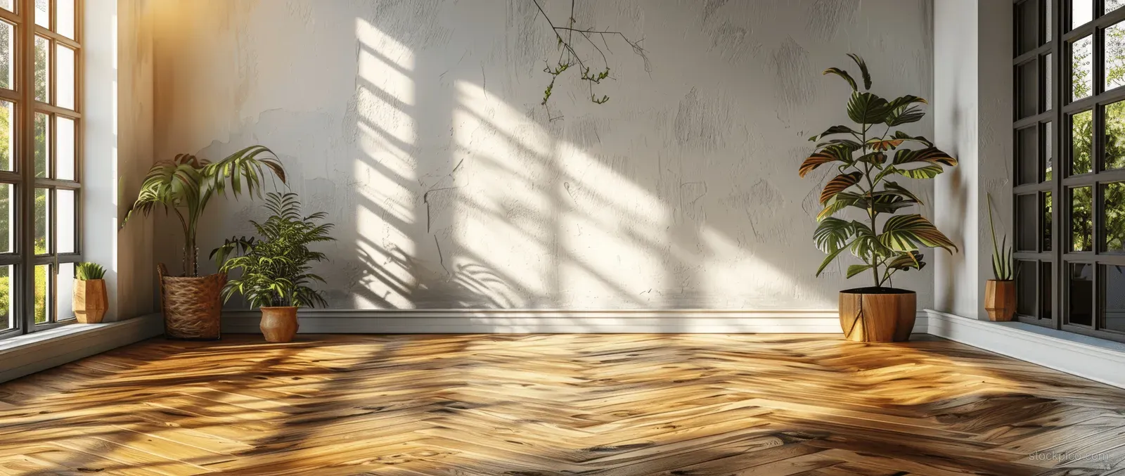 Empty minimalist room with light wood parquet floor, white walls, and potted plants under bright window shadows.
