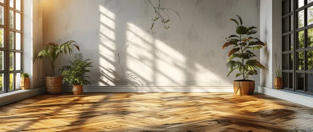 Empty minimalist room with light wood parquet floor, white walls, and potted plants under bright window shadows.