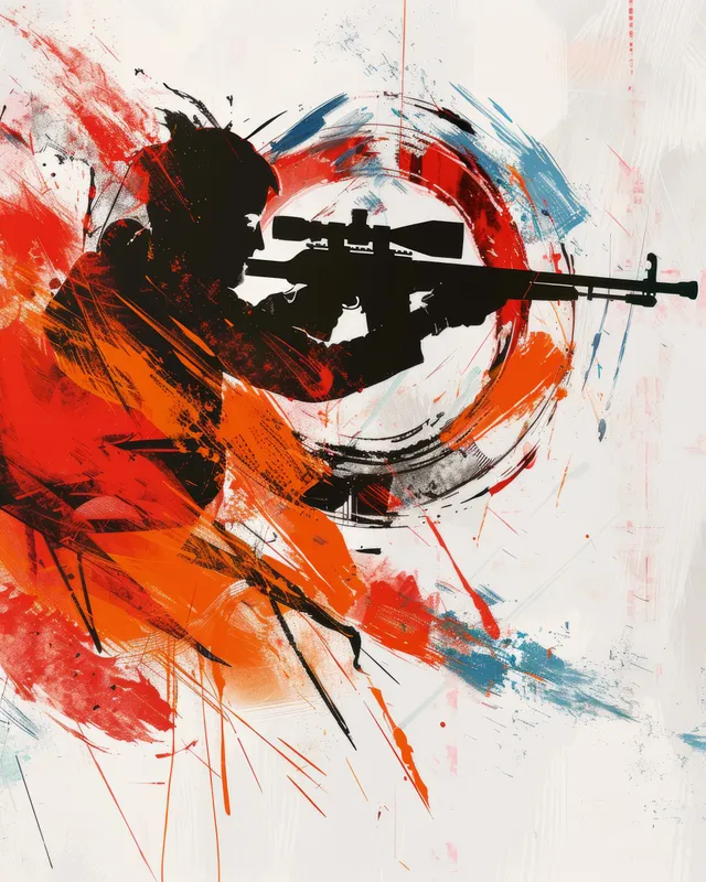 A vibrant, painterly scene captures a 10m air rifle shooter in action, emphasizing intensity and precision in marksmanship.
