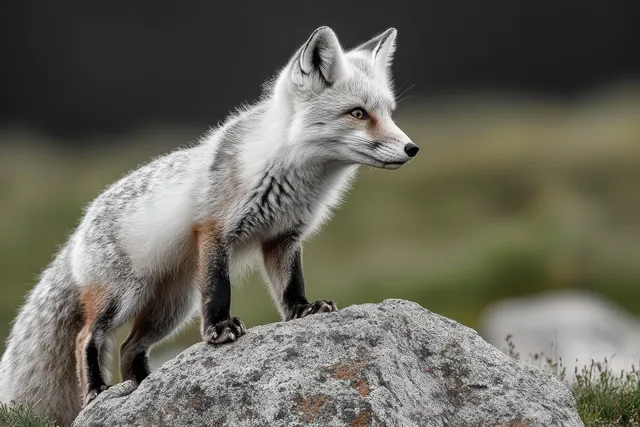 White and gray fox standing alert on a rock, side profile with blurred forest background