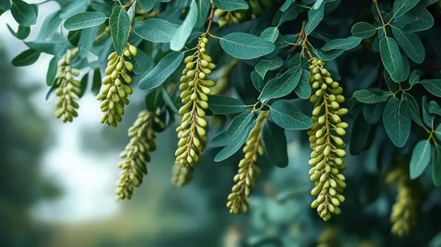 Green seed pods hang in clusters from leafy branches against a softly blurred natural background.