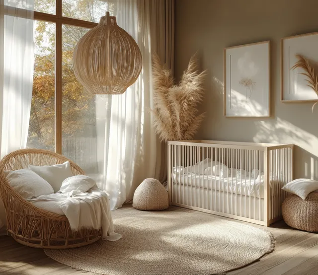 Sunlit Scandinavian nursery with a white rattan crib, pillows, framed wall art, and sheer curtains.
