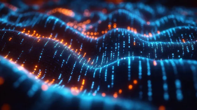 Neon blue and orange binary code waves ripple across a dark digital network grid.