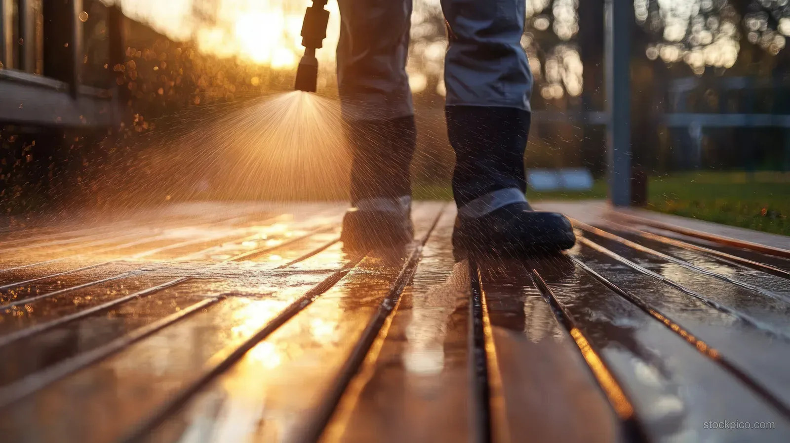 A man pressure washes a wooden deck with a high-pressure water jet during golden hour, splashing between boards.