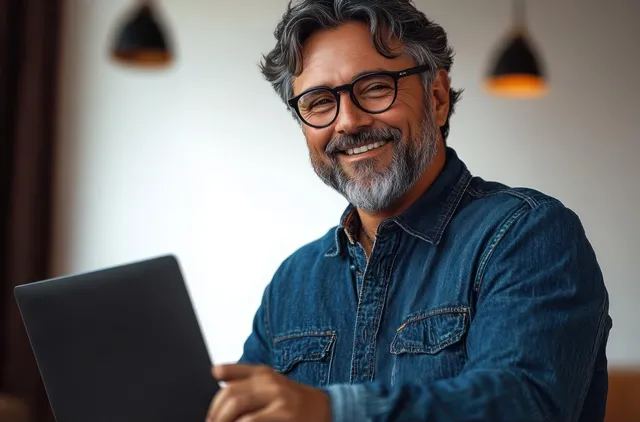 A smiling middle-aged man with glasses and a gray beard sits with a laptop in a warm, cozy room.