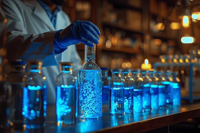 A lab scientist in blue gloves pipettes blue glowing liquid into a glass vial in a bench-top lab.