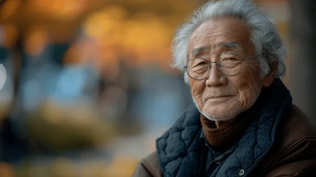 Smiling senior Asian man resting outdoors in spring park sunlight, warm bokeh background