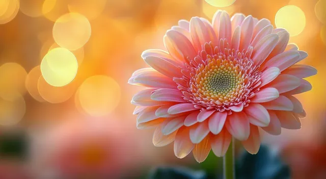 A close-up pink gerbera daisy with soft petals and warm golden bokeh background emphasizing the detailed flower center.