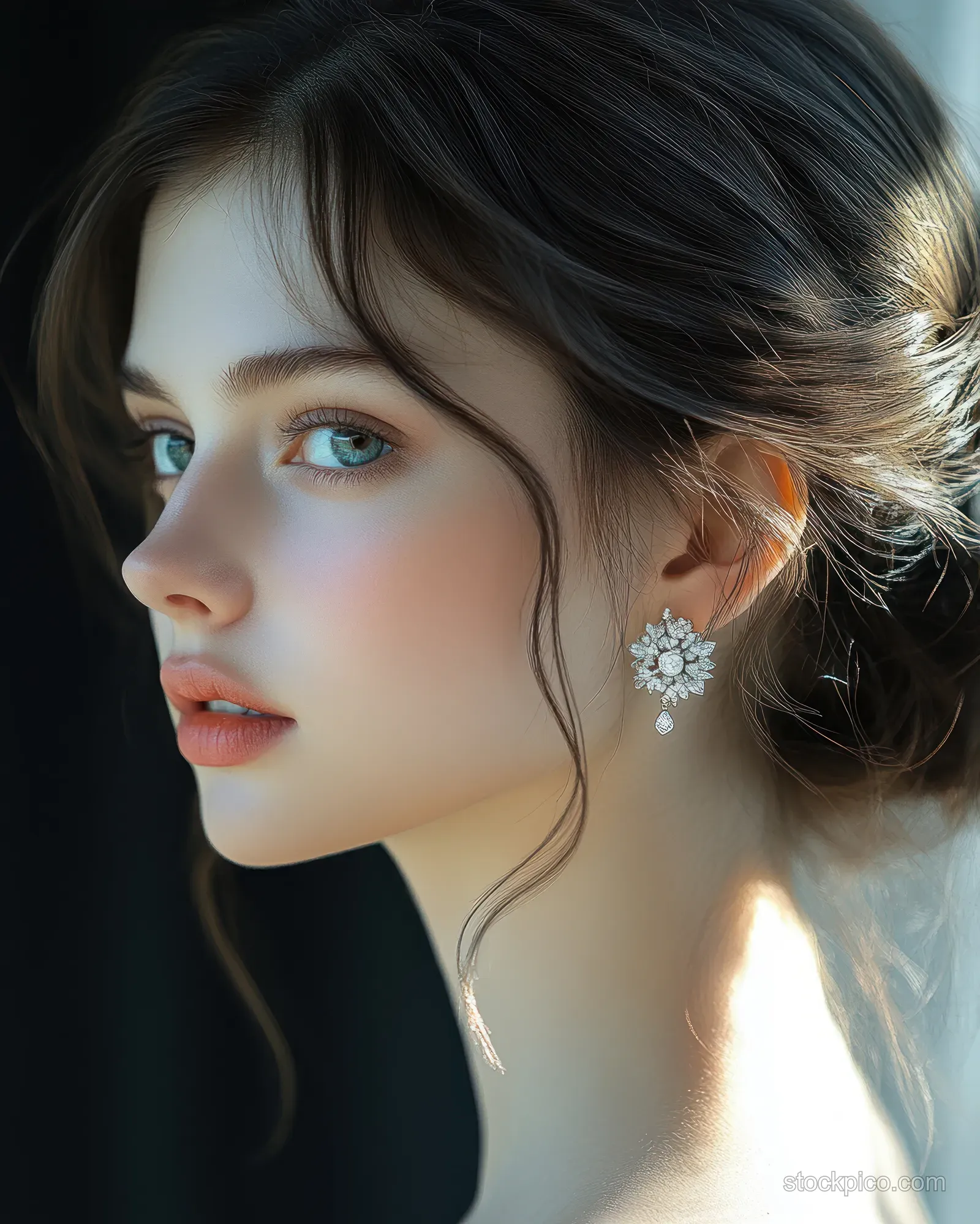 Side profile close-up of a woman wearing a diamond earring under warm lighting.