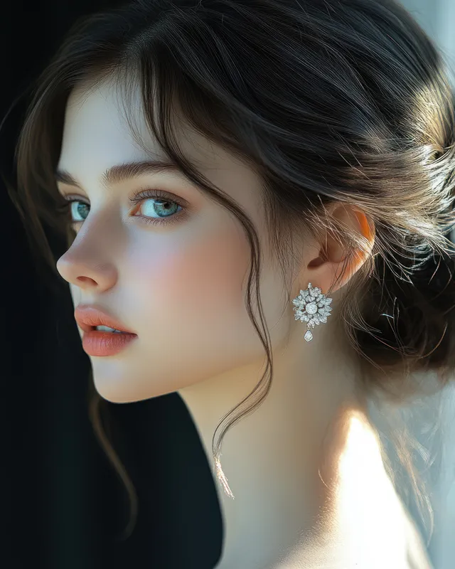 Close-up of a woman’s ear with diamond earrings and warm rim light