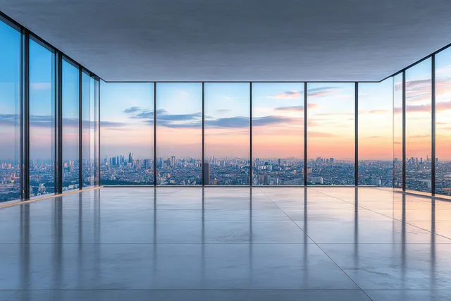 Empty modern room with floor-to-ceiling glass windows, panoramic city skyline at sunset
