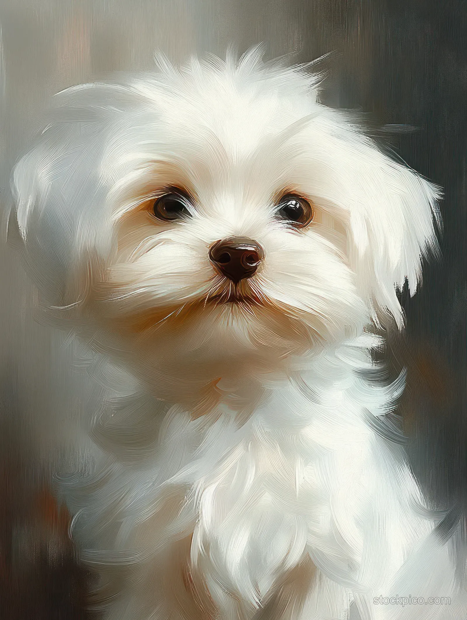 A small fluffy white dog faces the camera with gentle eyes in soft diffused light.