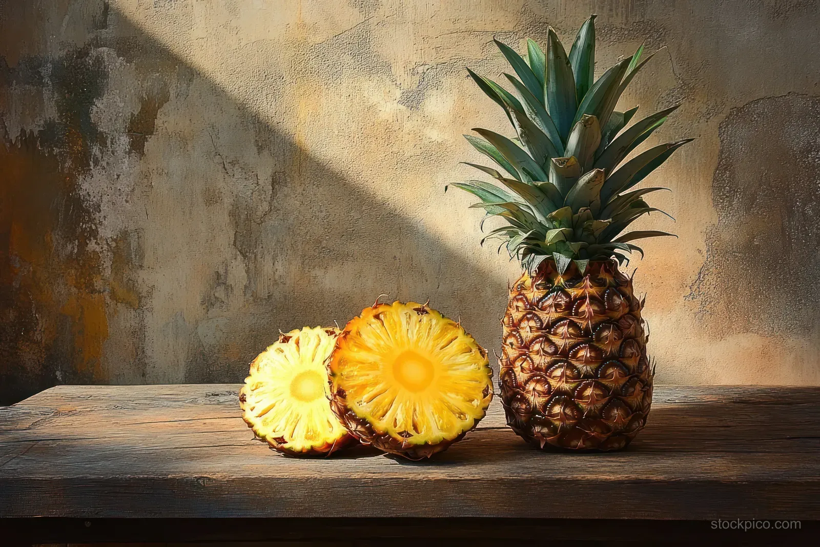 Whole pineapple and cut halves with yellow flesh on a rustic wooden table under warm sunlight.