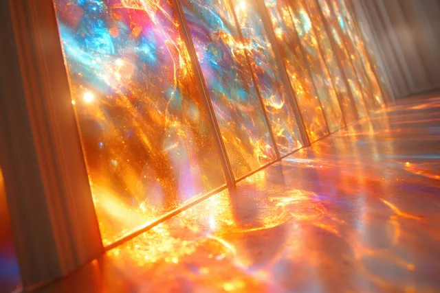 Prismatic light refraction streaming across a white room, rainbow caustics and glowing holographic haze