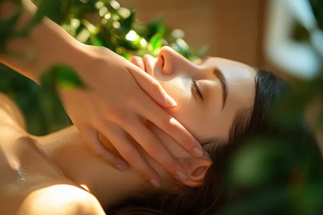 Woman receiving neck massage in a spa room with warm lights and leafy greenery