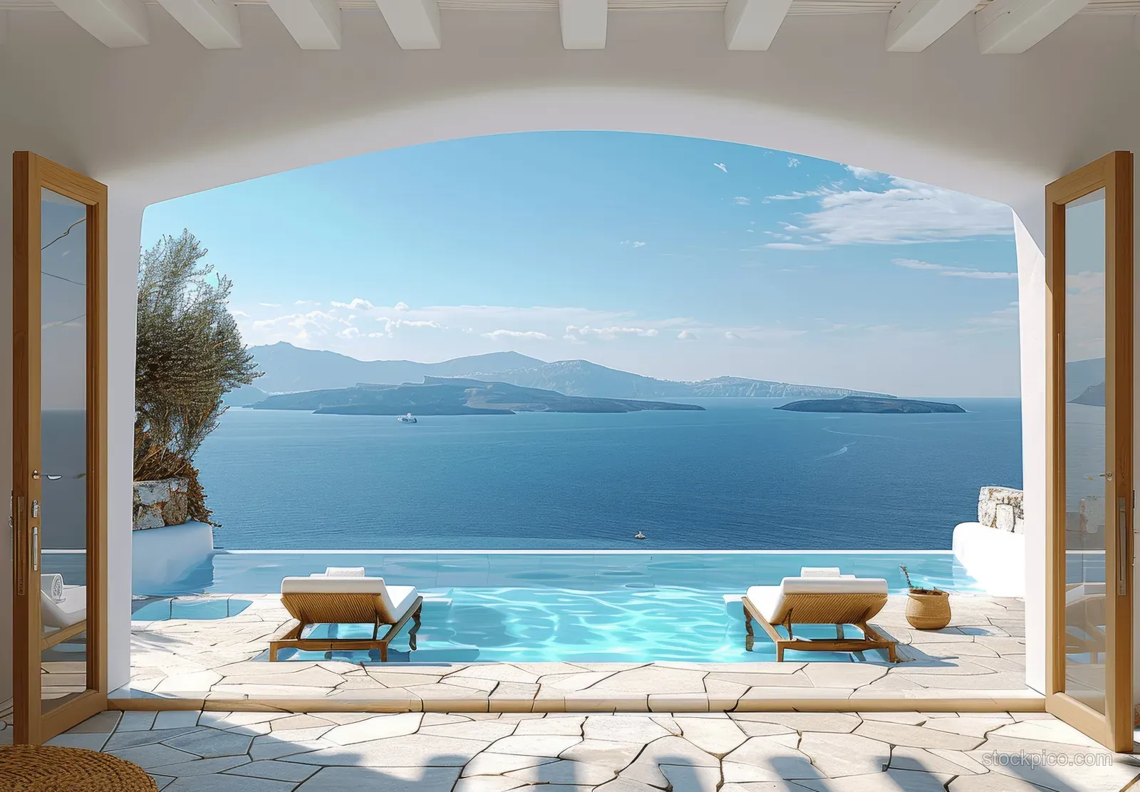 Sunbeds flank an infinity pool visible through a white archway on a Greek seaside terrace.