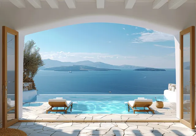 Greek terrace open doorway to infinity pool with sea view, white arches, summer sky