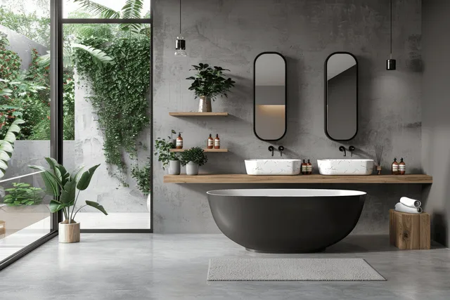 Freestanding bathtub and double sinks in a modern bathroom with large windows revealing green plants.