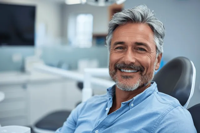 A smiling middle-aged man in a blue shirt sits in a dentist chair in a bright orthodontic clinic.