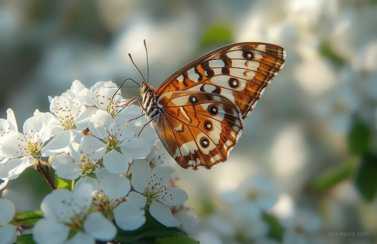 An orange patterned butterfly perches on white blossoms with a soft blurred background.