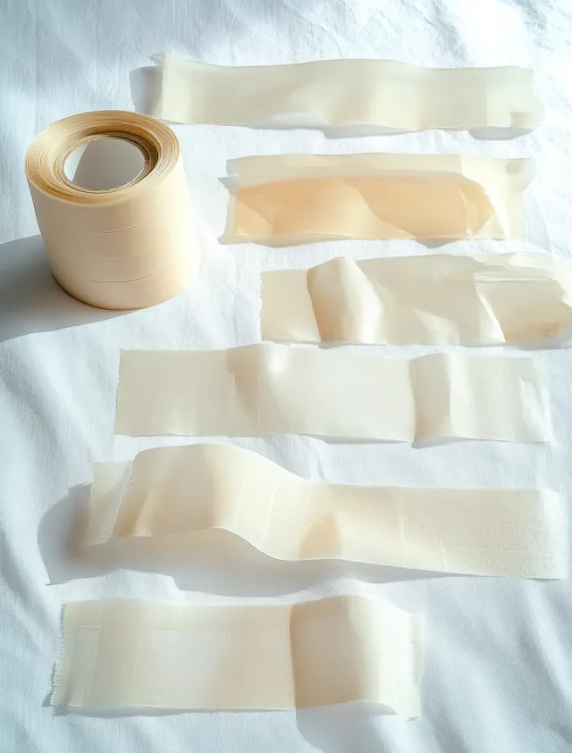 A roll of beige translucent adhesive tape with uneven torn strips lies on white fabric under natural light.