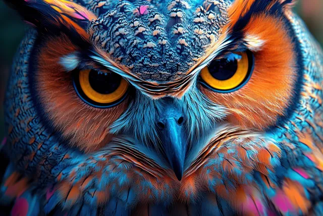 Surreal owl portrait with glowing eyes, intricate feather texture, and dramatic nebula lighting